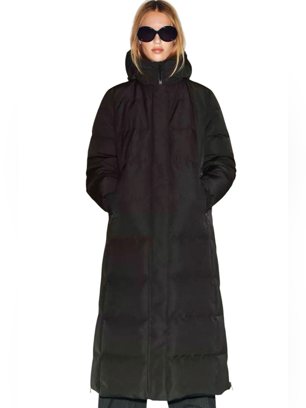 Zara Down Puffer Coat NWT Water Repellant Long Wind Proof Hooded Parka Black XS